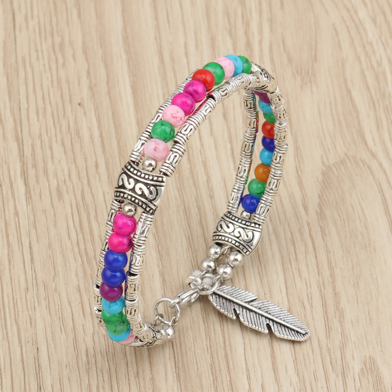 boho harmony Silver Metal Feather Charm Bracelet with Beads