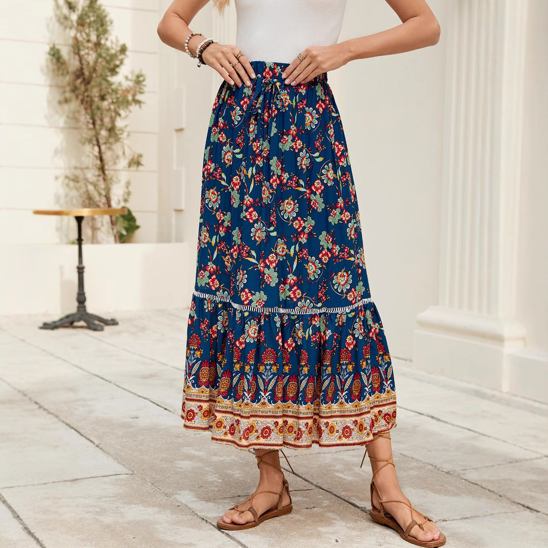 boho Blue Floral Bohemian Maxi Skirt