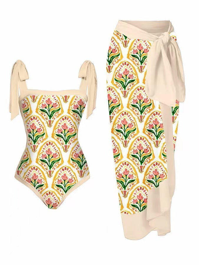 boho chic Floral Print One Piece Swimsuit with Sarong Bohemian Style