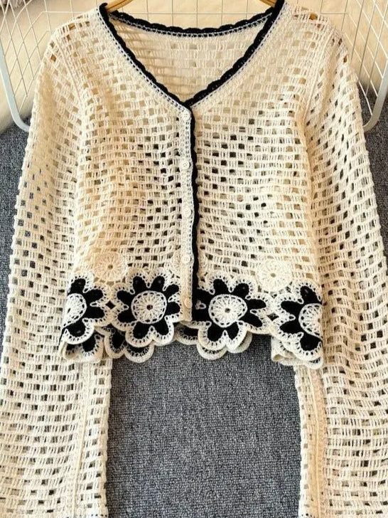 Cute Boho Flower Cardigan Sweater in Black and White