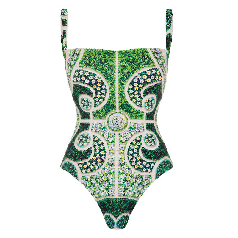 boho Green Print One Piece Swimsuit with Wrap Skirt Cover Up