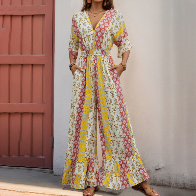 boho Retro Bohemian Jumpsuit with Pink and Yellow Pattern