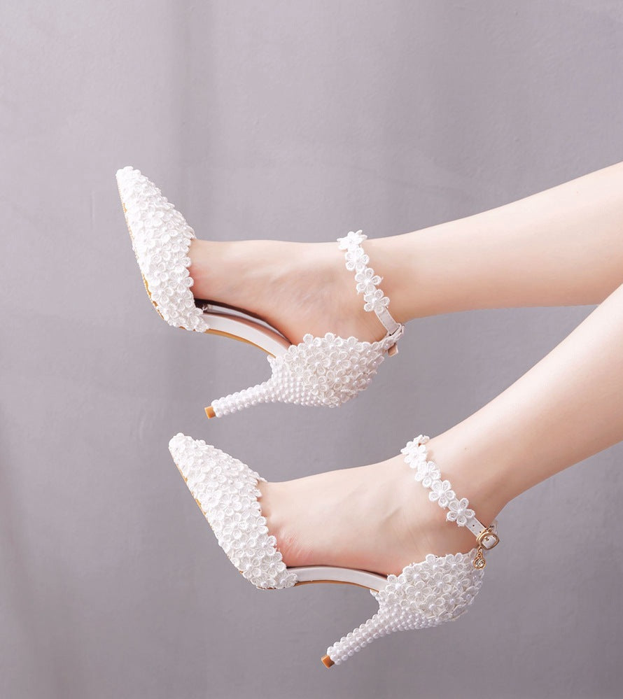 White Floral Embroidered Bridal Heels Boho Style