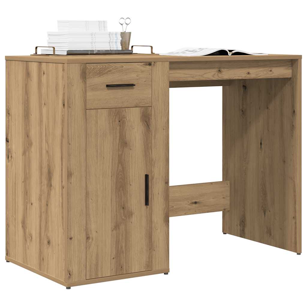 Wooden desk with a drawer and open shelf on a white background