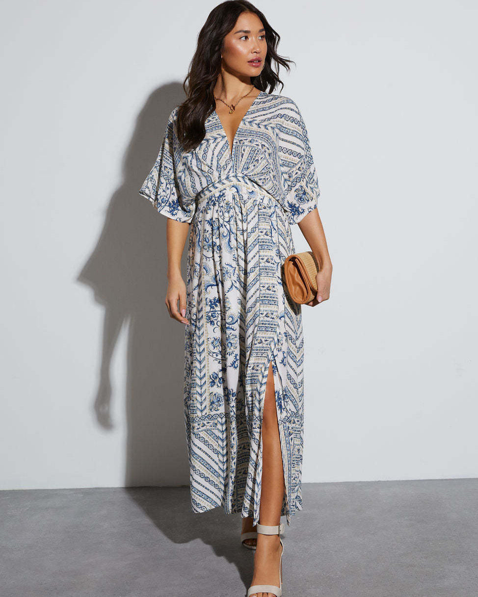 boho harmony Earthy Printed V-Neck Boho Slit Dress