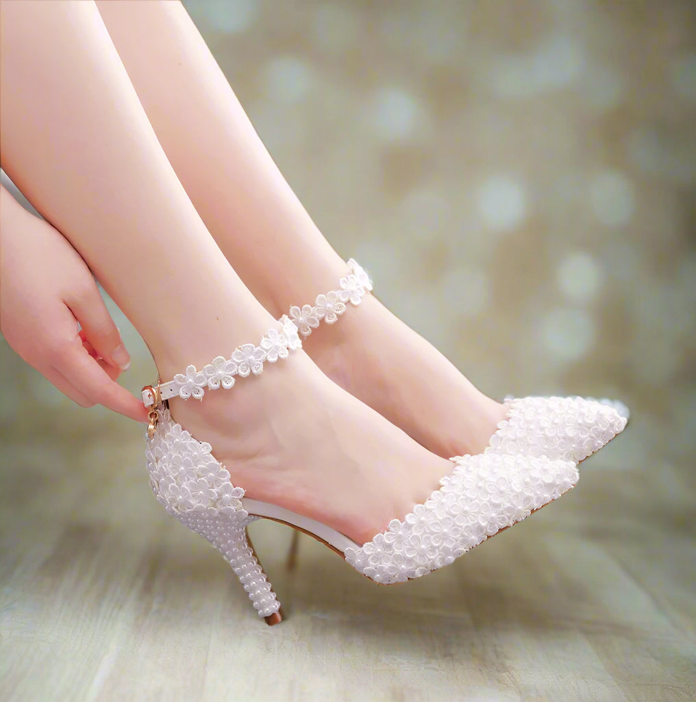 boho White Floral Embroidered Bridal Heels Boho Style