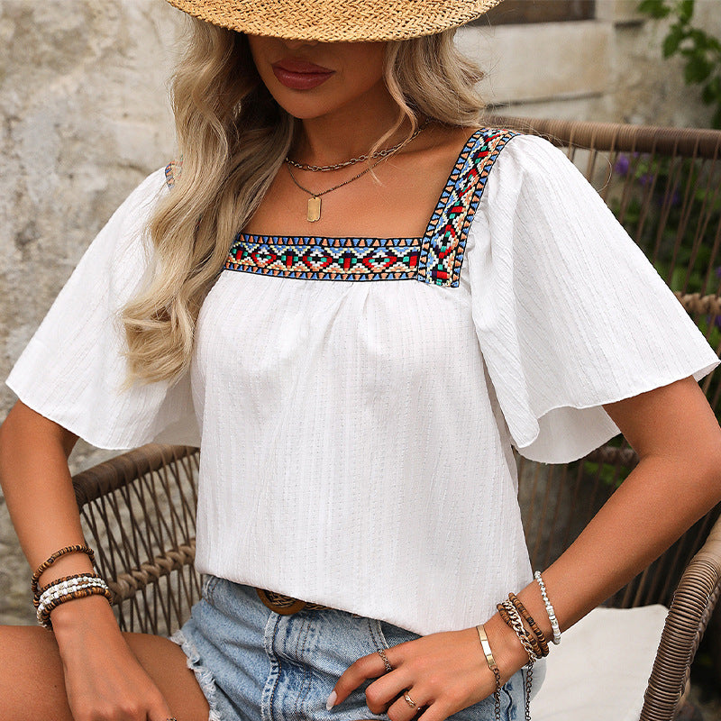 boxed Colorful Ethnic Embroidered Short Sleeve Backless Blouse Womens