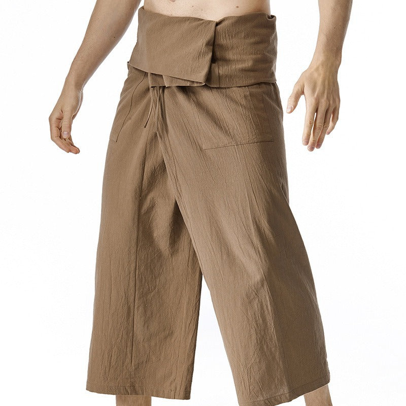 brown Belted Hippie Men's Wide Leg Linen Pants