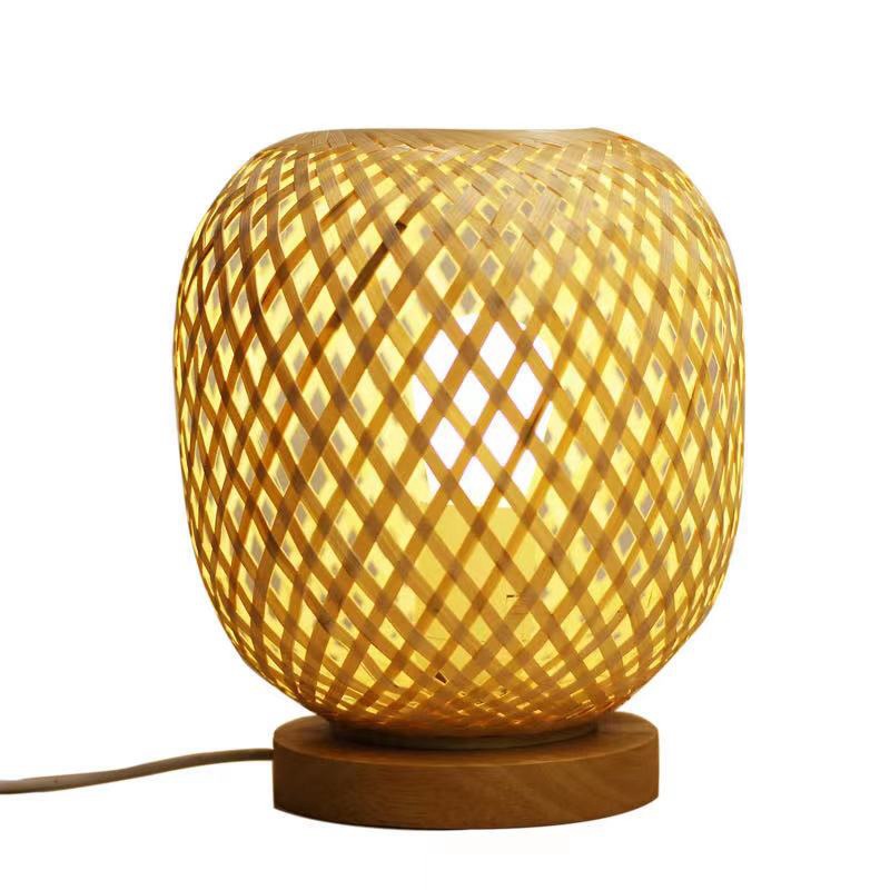 brown Boho Bamboo Woven Table Lamp