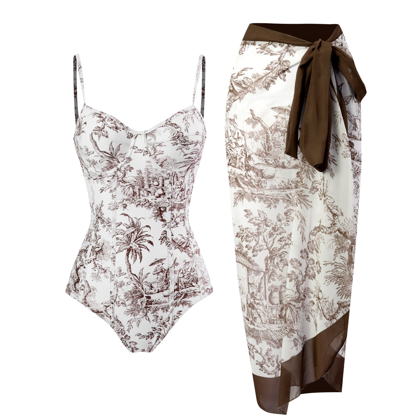 Floral swimsuit and matching sarong on a white background