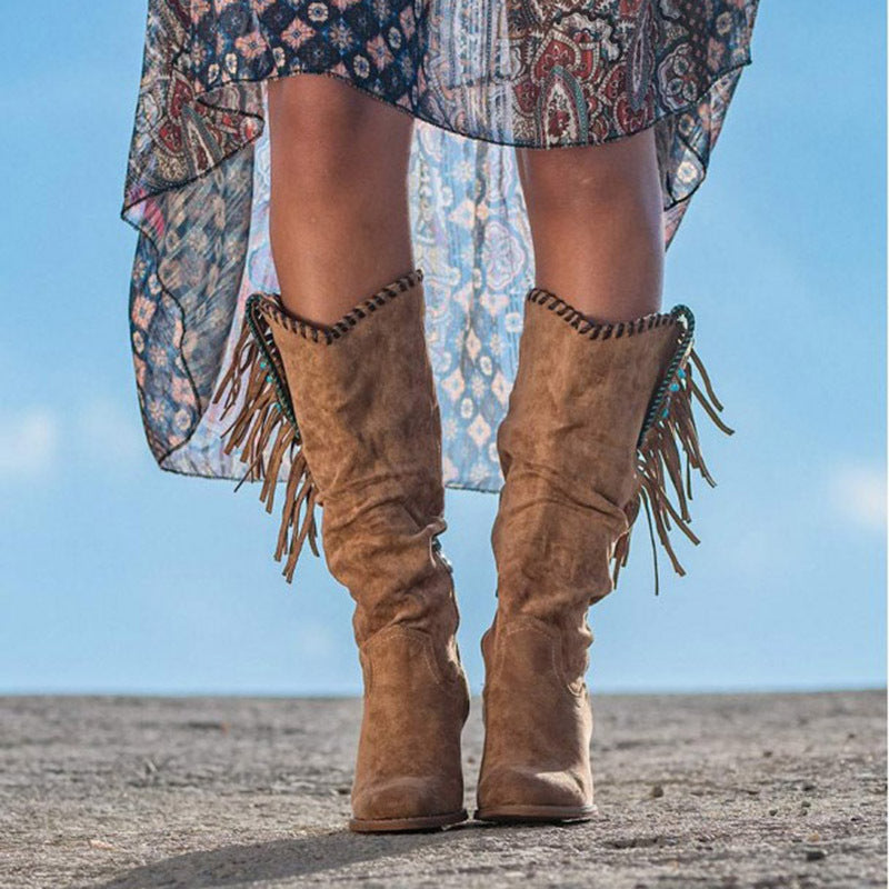 brown Boho Fringed Velvet Boots with Chunky Heel