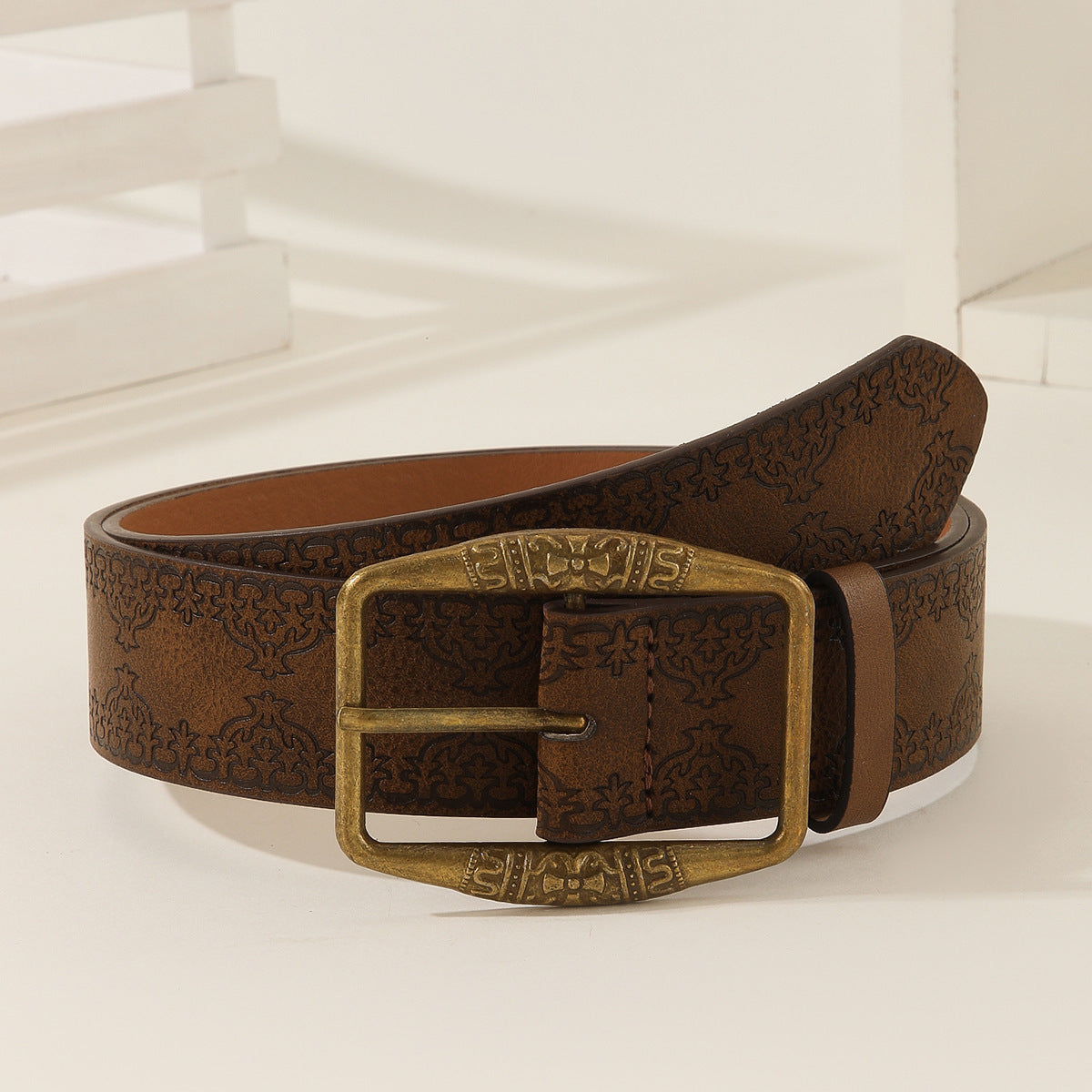 brown Embossed Vegan Leather Buckle Belt Boho Style for Women