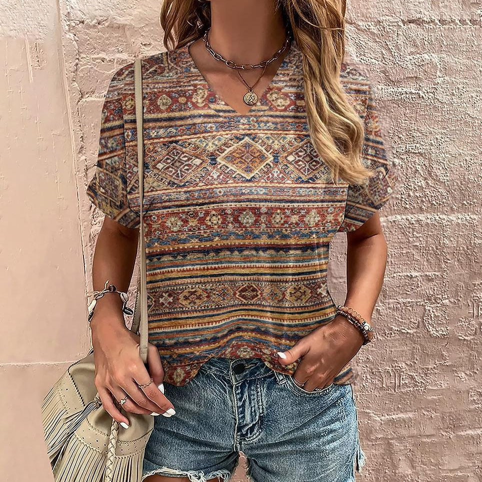 Printed V-Neck Boho Tee brown