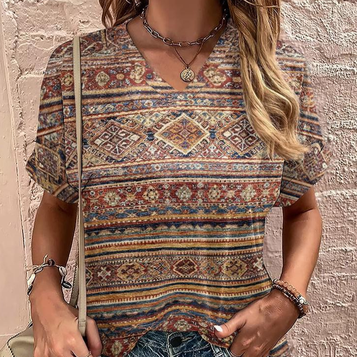Printed V-Neck Boho Tee