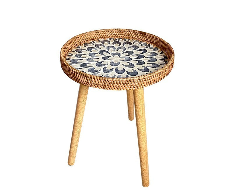 Small Wooden Rattan Bohemian Table