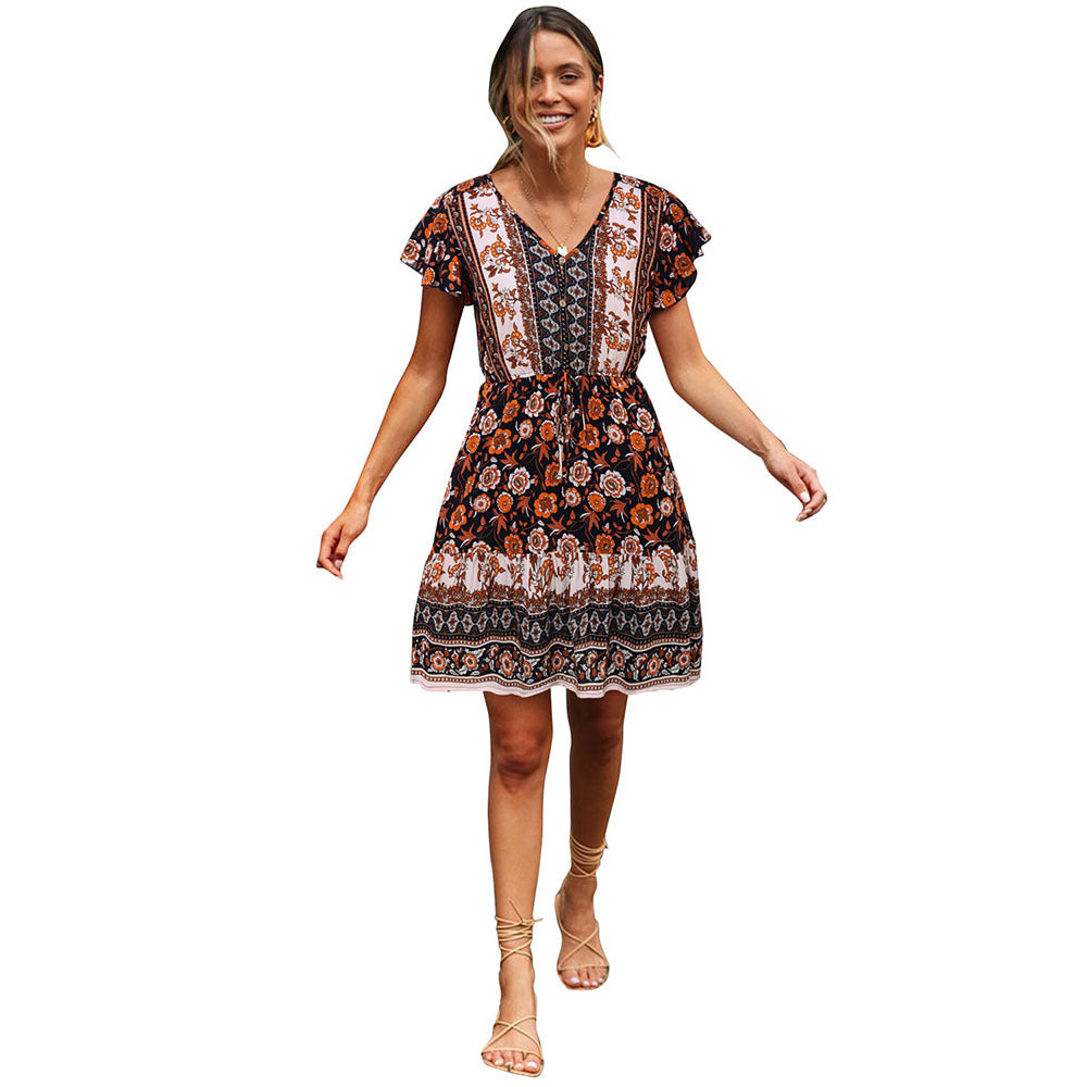 Bohemian Multicolor Patterned Mini Dress dark color