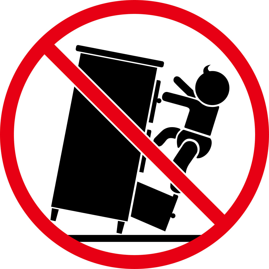 Prohibition sign with a child falling from a desk, enclosed in a red circle.