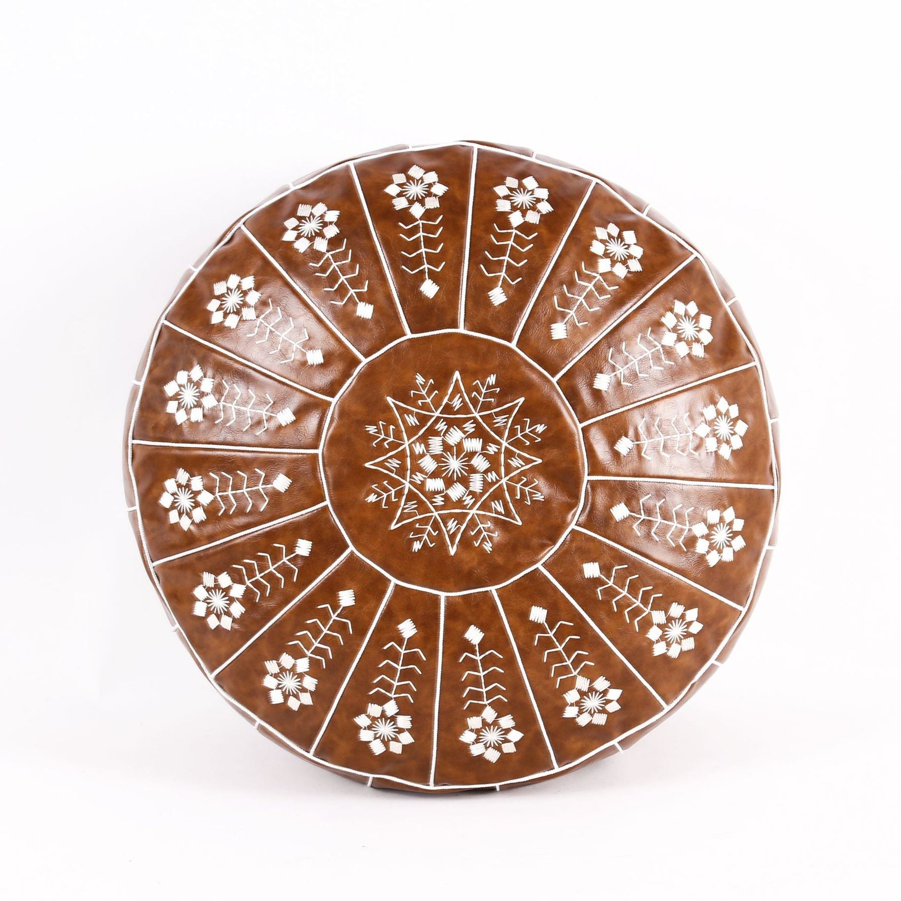 Leather Embroidered Pouf Bohemian Style Cover