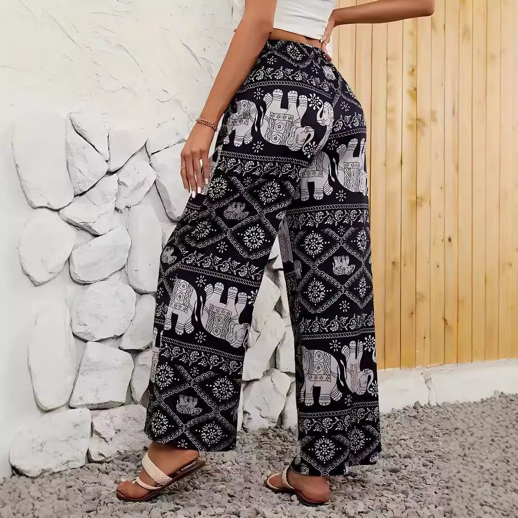 Black Ethnic Boho Elephant Print Pants