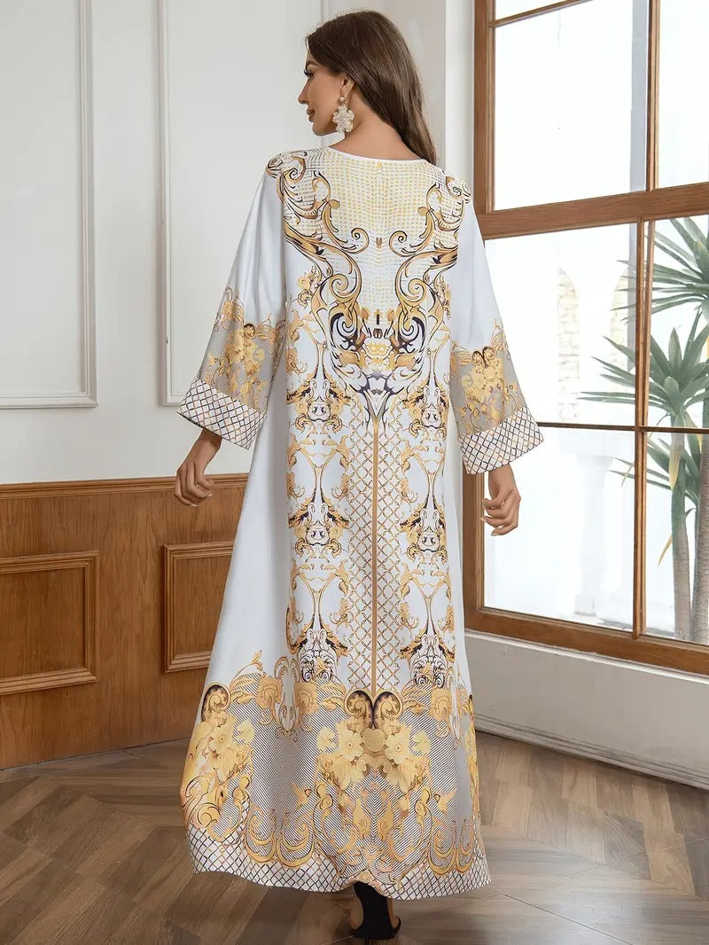 ethnic White Gold Bohemian Maxi Dress