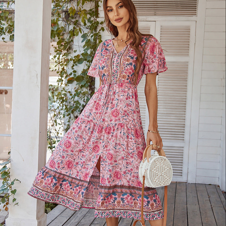 floral pink Boho Midi Slit Dress