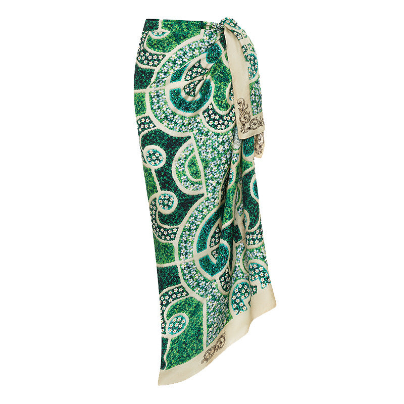geometric floral Green Print One Piece Swimsuit with Wrap Skirt Cover Up