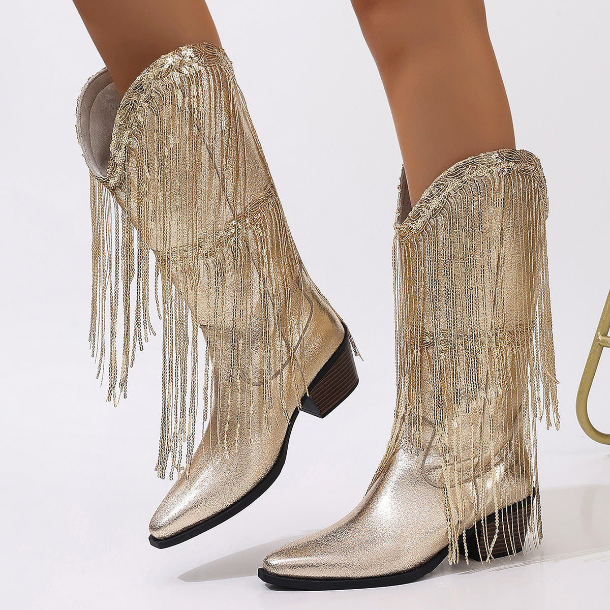 gold Metallic Fringed Cowboy Boots for Women