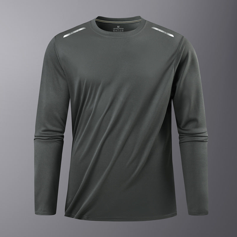Dark gray long-sleeve athletic shirt on a gray background