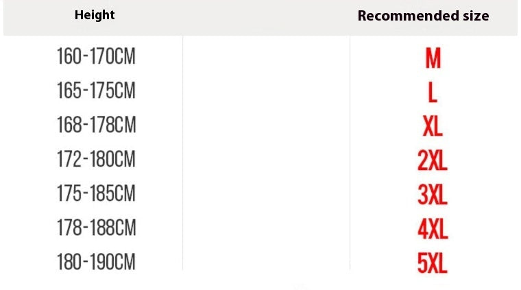 Size chart for clothing with height, weight, and recommended size columns.