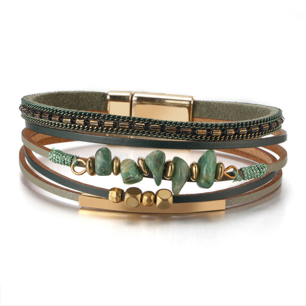 green Boho Layered Bracelet with Magnetic Snap