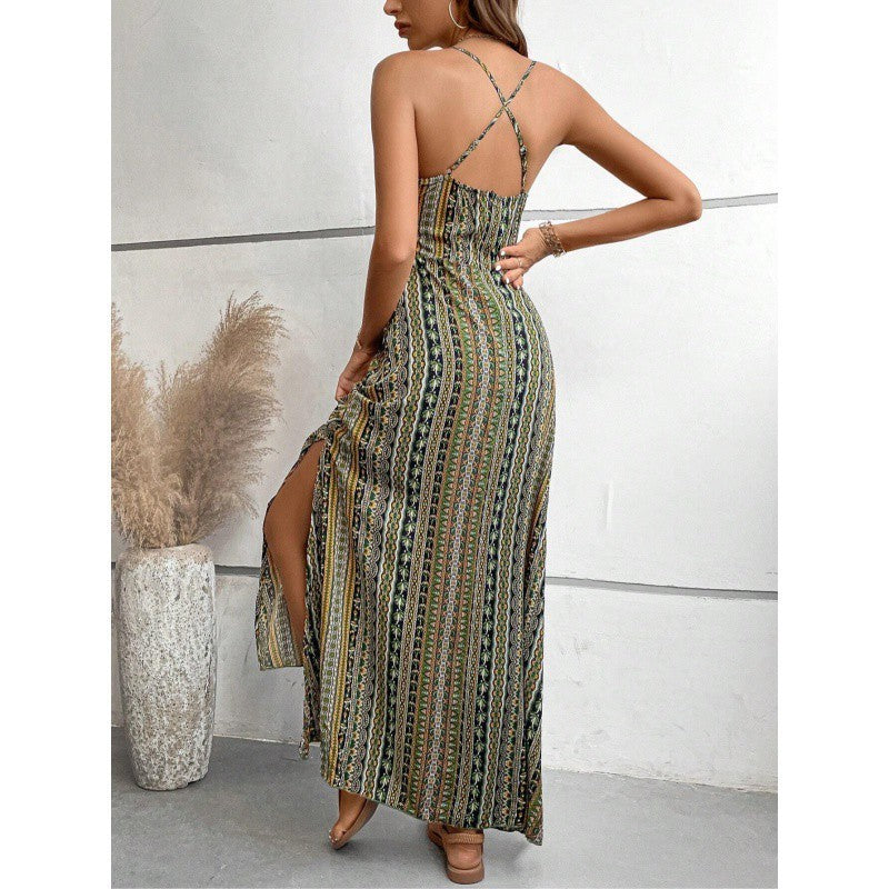 green Maxi Double Slit Dress Boho