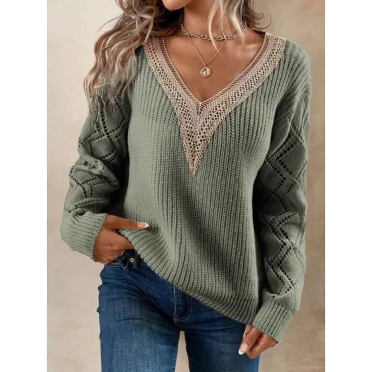 green V-Neck Boho Chic Sweater for Women