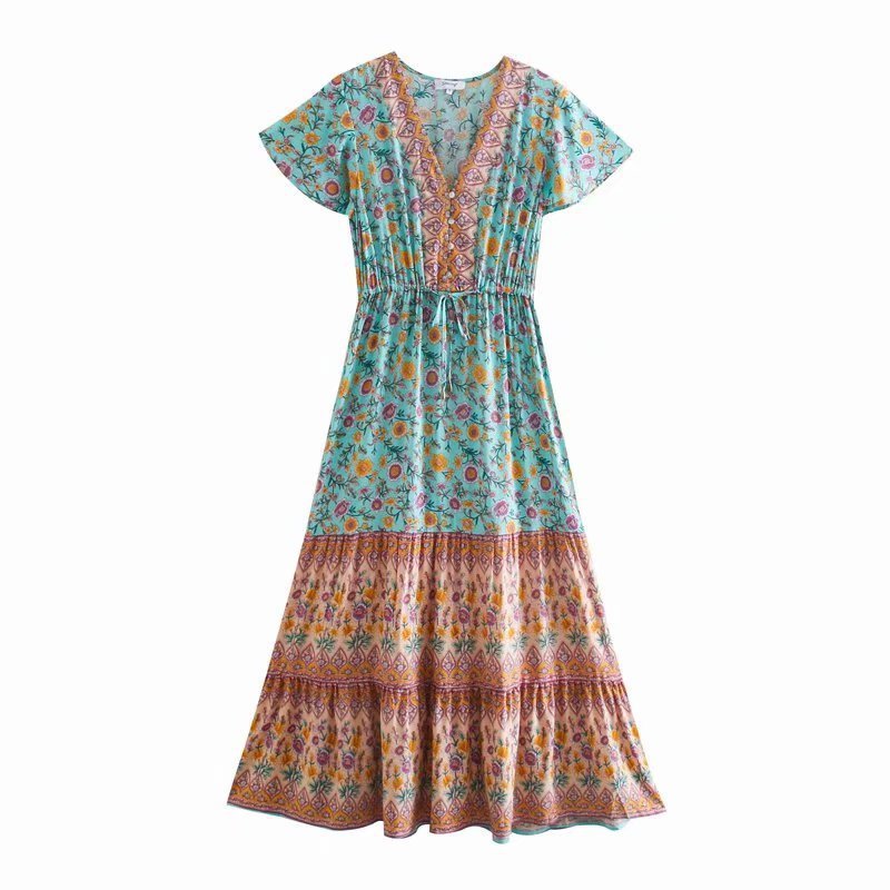 green pink Short Sleeve Boho Dress with Buttons