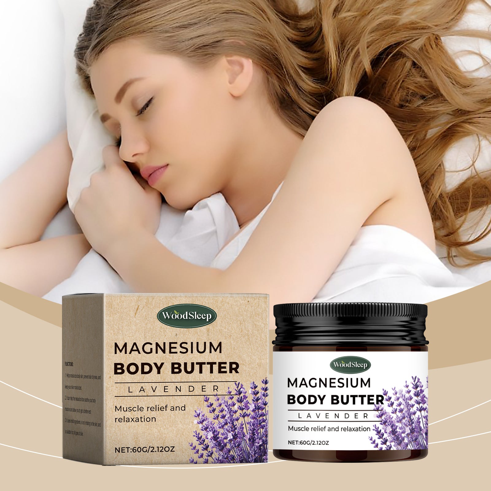 WoodSleep magnesium body butter with lavender scent packaging on a white background