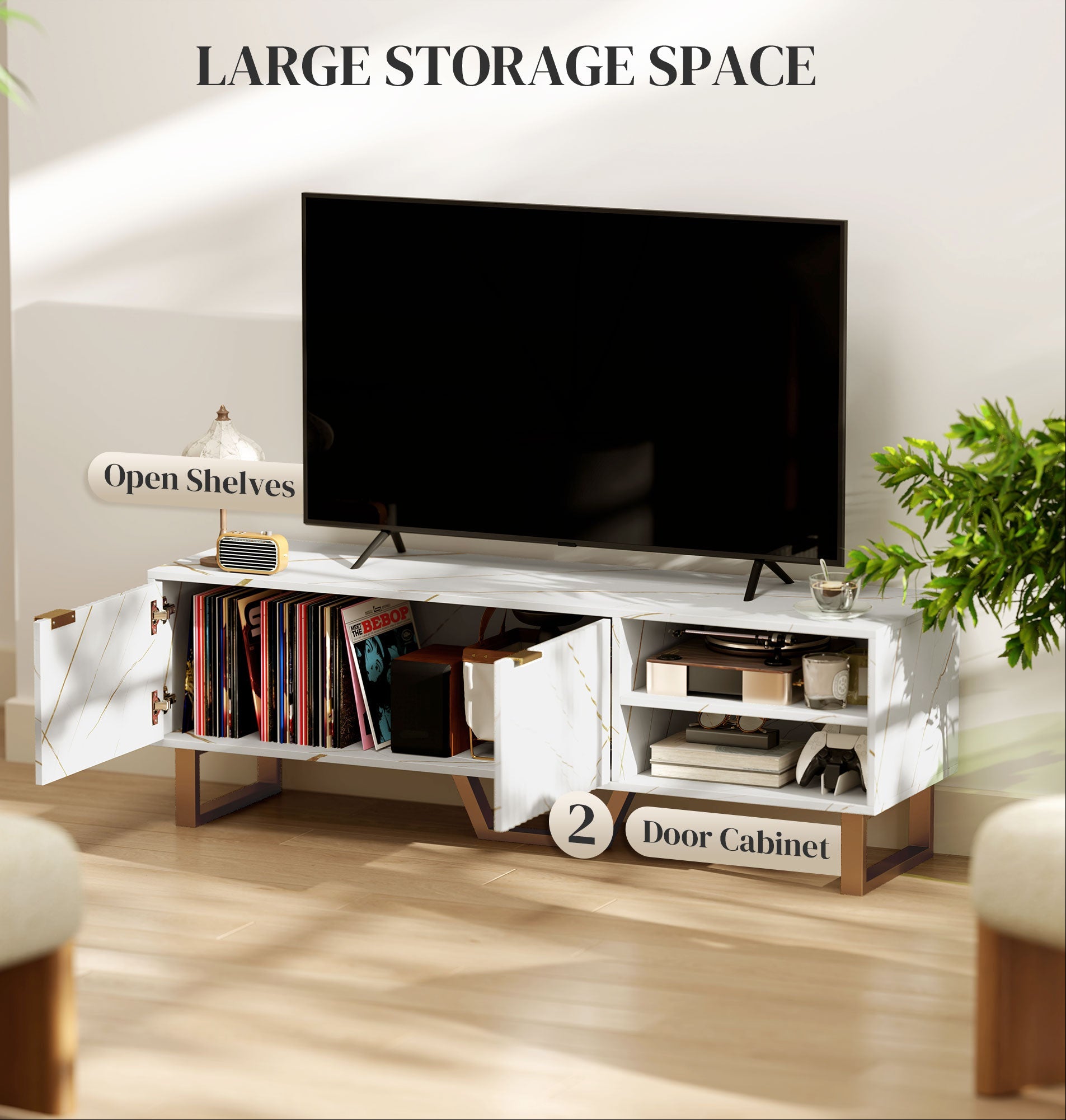 White Marble Design TV Stands Cabinet For Up To 70" TVs with Shelves and Storage Cupboard