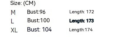 Size chart for clothing with bust and length measurements in centimeters.