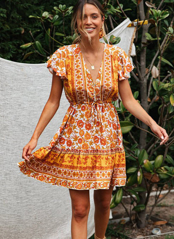 orange Bohemian Black Multicolor Patterned Mini Dress