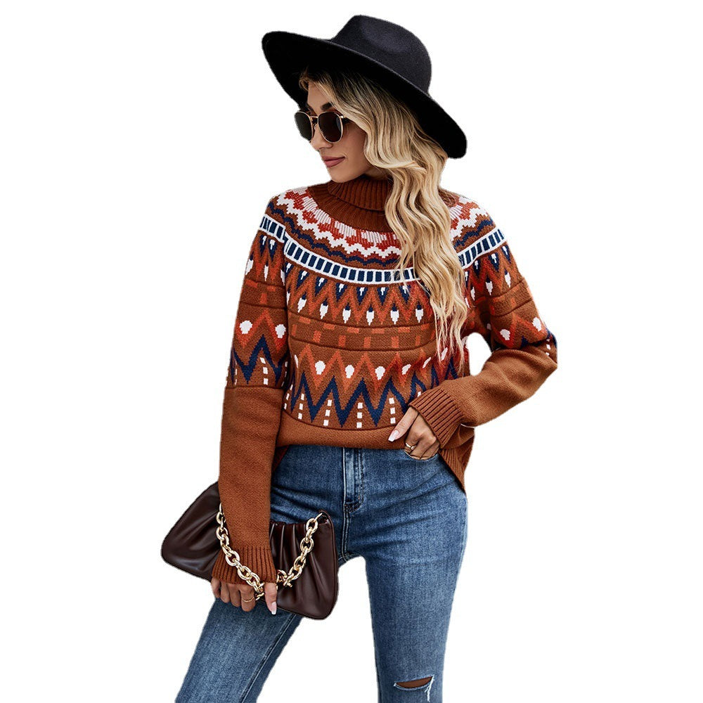 orange Turtleneck Boho Pattern Print Sweater