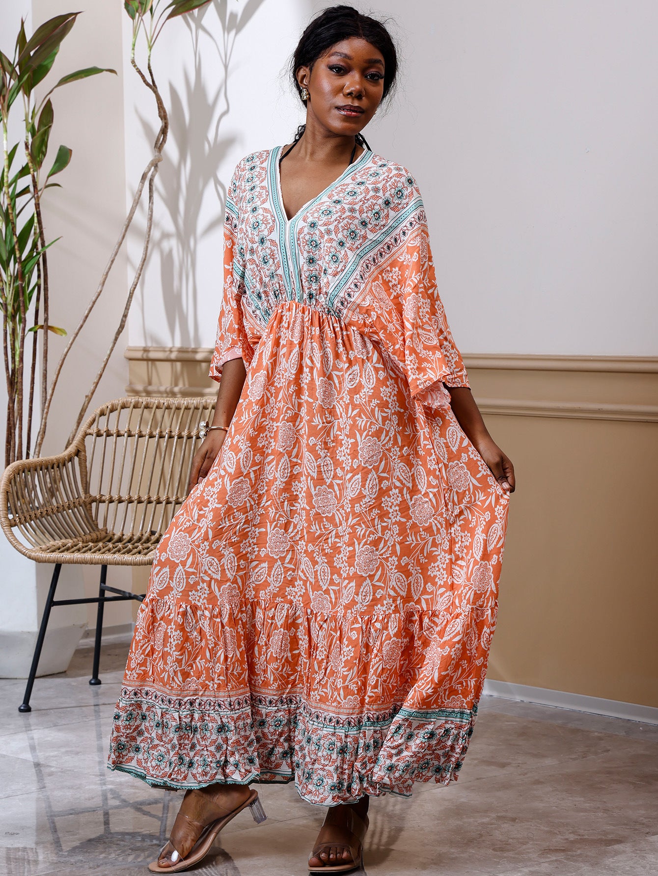 orange blue Loose Fit Batwing Sleeve Bohemian Dress