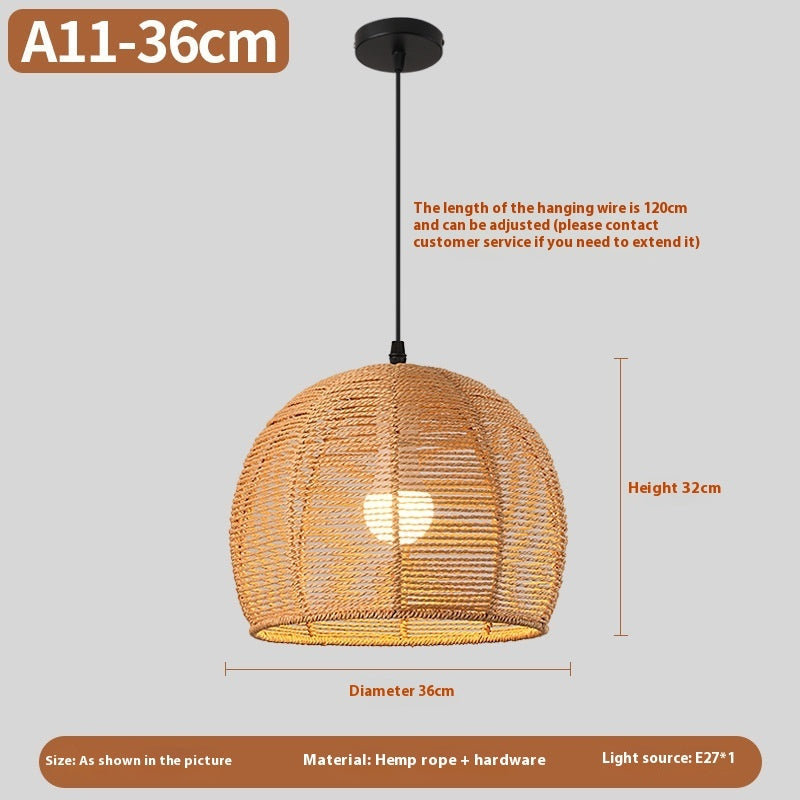 Woven pendant light with dimensions and material details on a gray background