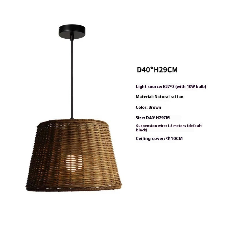 Wicker pendant light with specifications on a white background