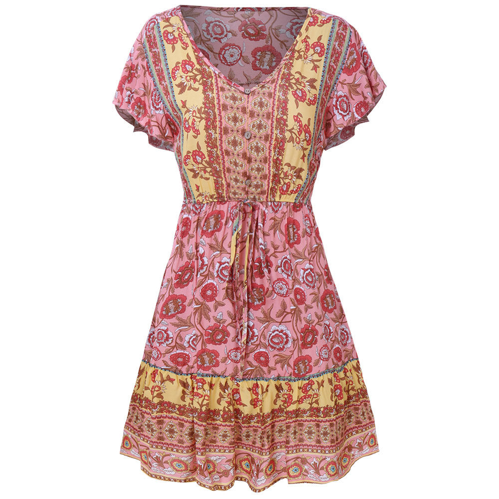 pink Bohemian Multicolor Patterned Mini Dress