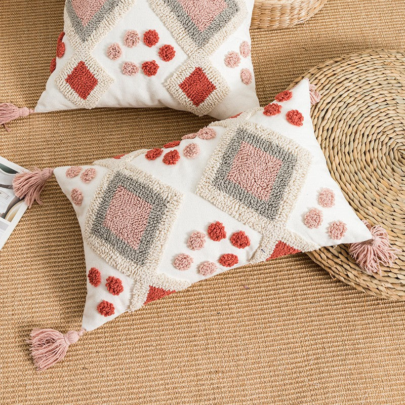 pink Embroidered Boho Throw Pillow Cover