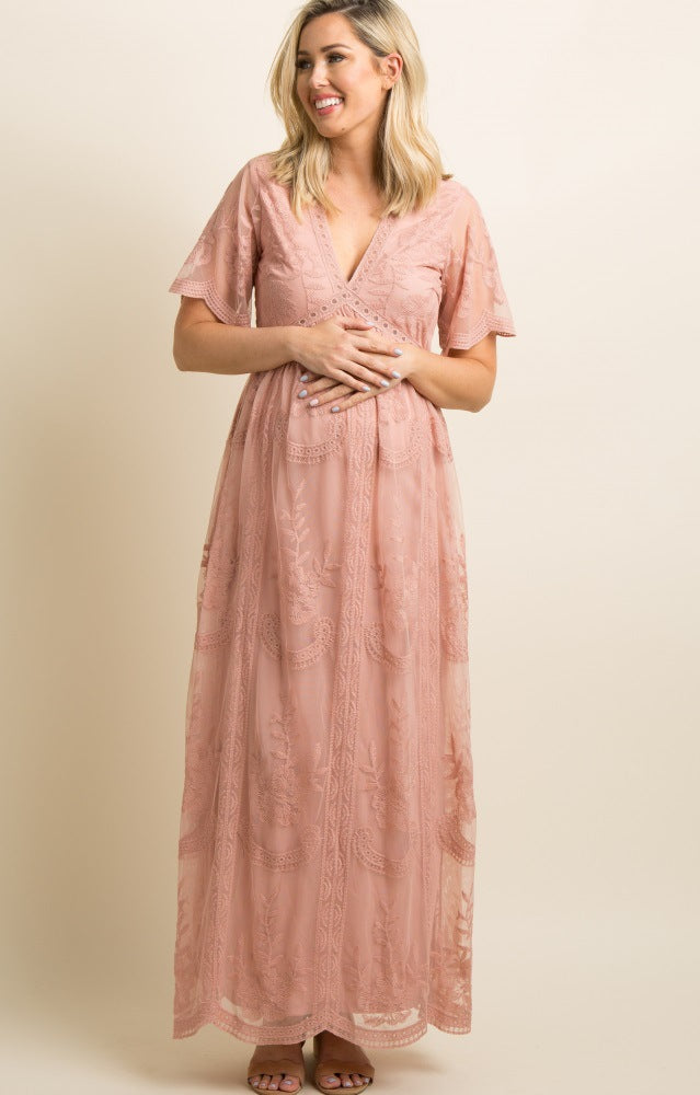 pink Lace V-Neck Pregnancy Photoshoot Dress