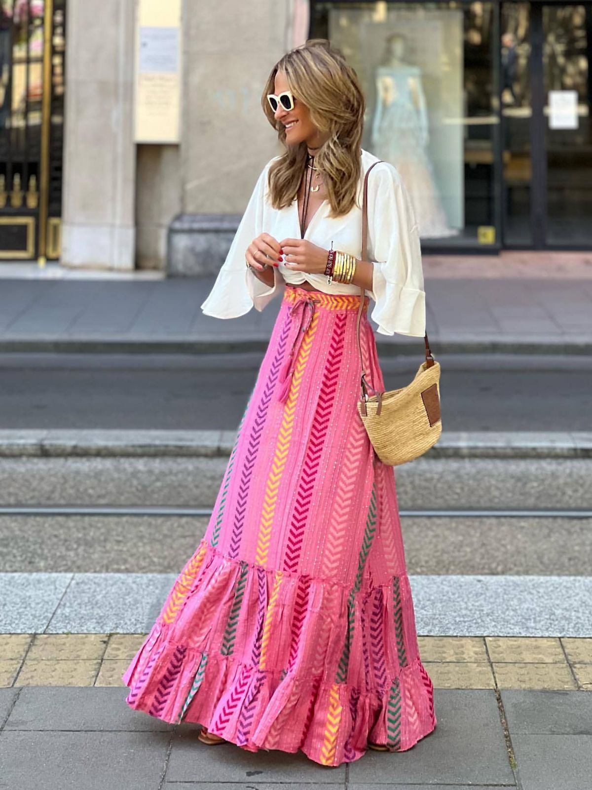 pink Long Skirt with Boho Patterns