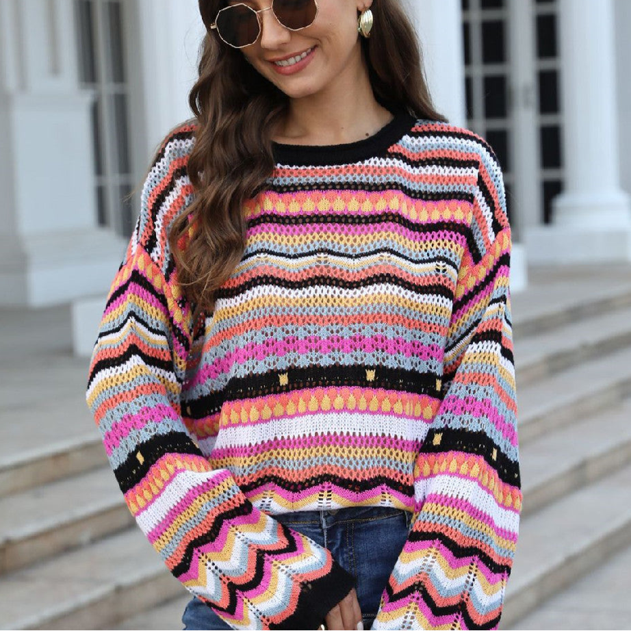 pink Multicolor Boho Pattern Long Sleeve Sweater