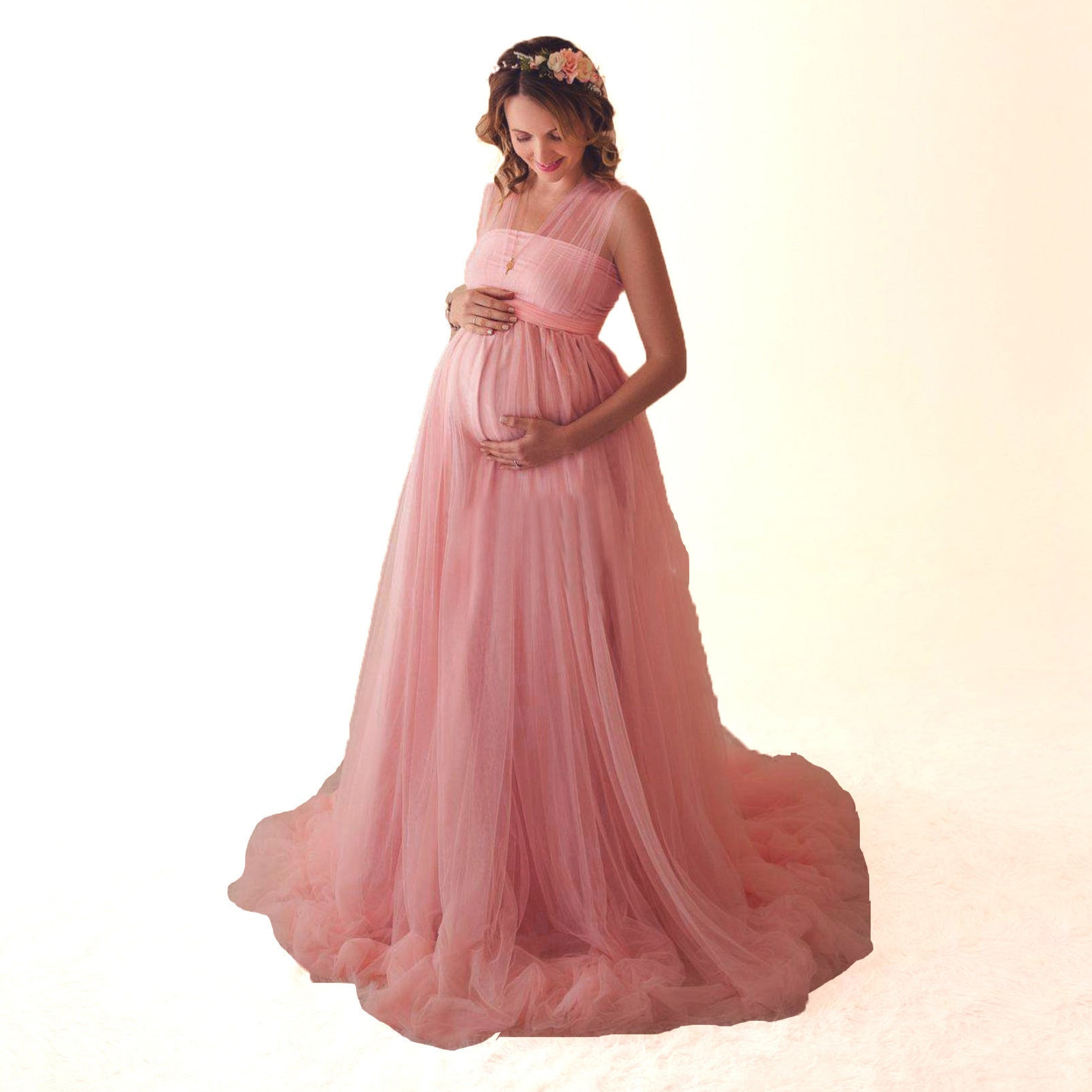 Tulle Floor-Length Maternity Gown pink