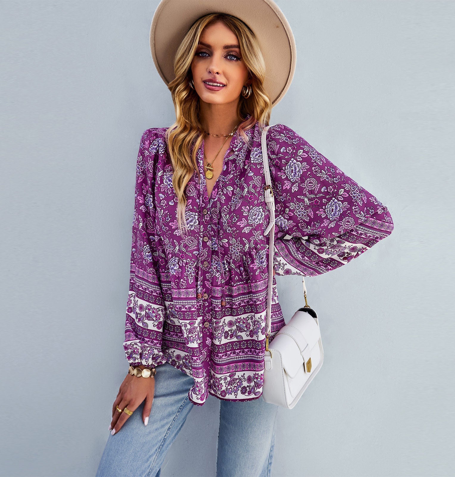 purple Boho Floral Print Shirt for Women