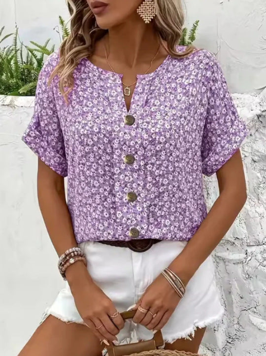 purple Boho Floral Short Sleeve Shirt