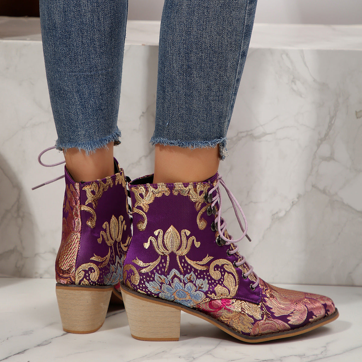 purple Colorful Patterned Embroidered Lace Up Ankle Boots